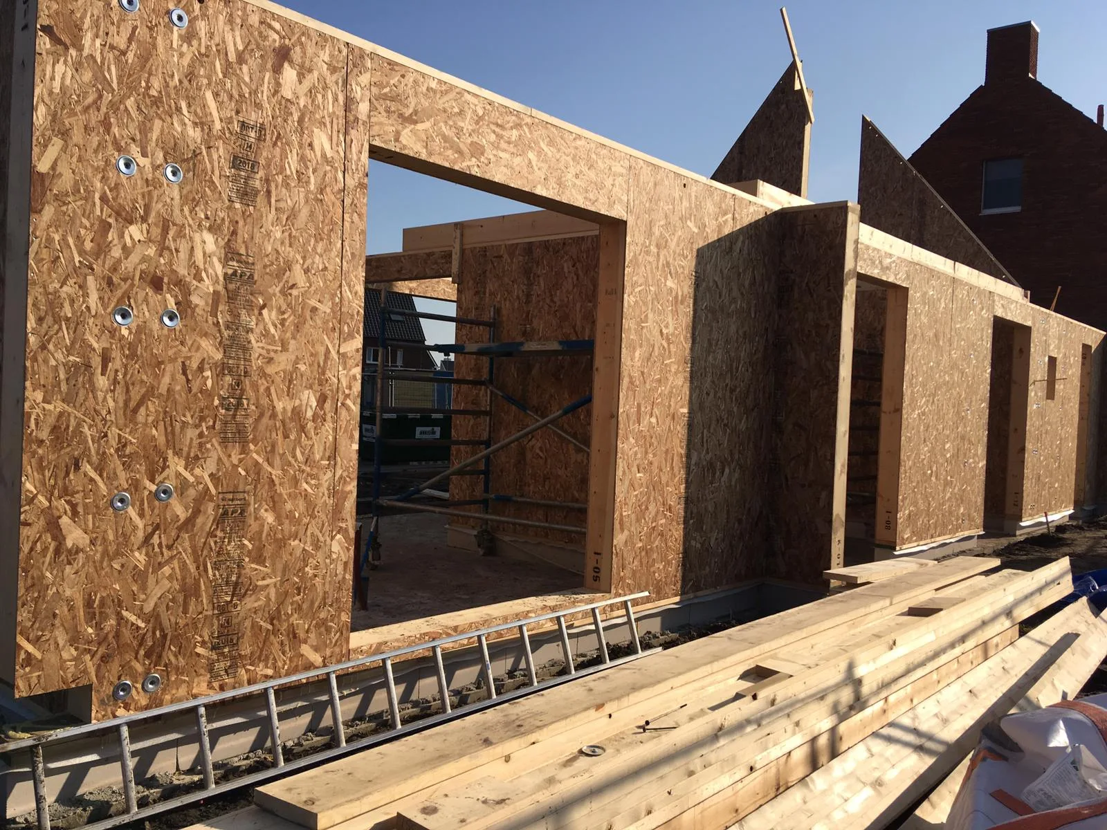 OSB-faced wall panels with window and door openings during construction.