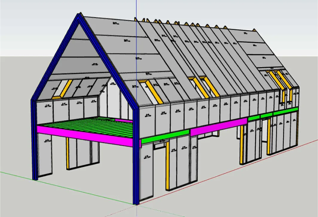 Complete panelisation drawing showing wall openings, floors and roof geometry.